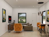 Stylish modern living room with orange accents and artistic decor, ideal for contemporary homes.